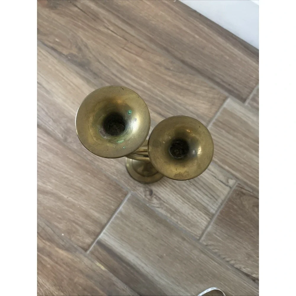 Brass Double Candle Holder  French‎ Horn Trumpet Candlestick MCM  11